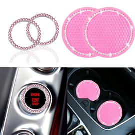 4PCS Sets Pink Bling Car Cup Holder Coasters for Car & Shiny Pink Push to Start Button Cover Key Ignition Ring Universal Auto Cute Pink Car Accessories Interior Decor for Women