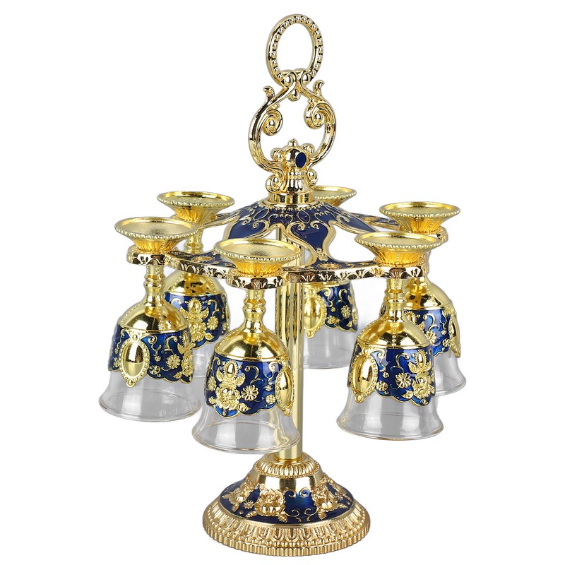 6Pcs Chinese Chalice Retro Style Zinc Alloy Glass Embossed Flower