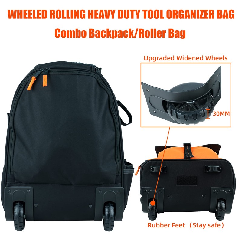 KUNN Rolling Tool Bag 37Pockets Wheeled Tool Backpack with Widen