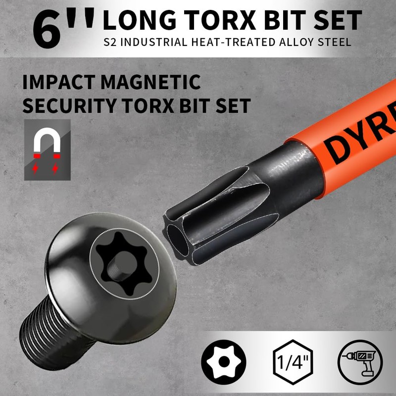 Impact Security Torx Bit Set 6-Inch Long (8-Pack T8-T40), S2