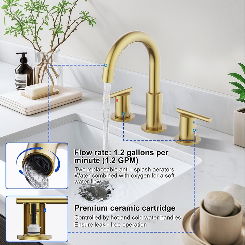 Bathroom Faucets for 3 Hole Sinks, Hurran 8 Inch Brushed