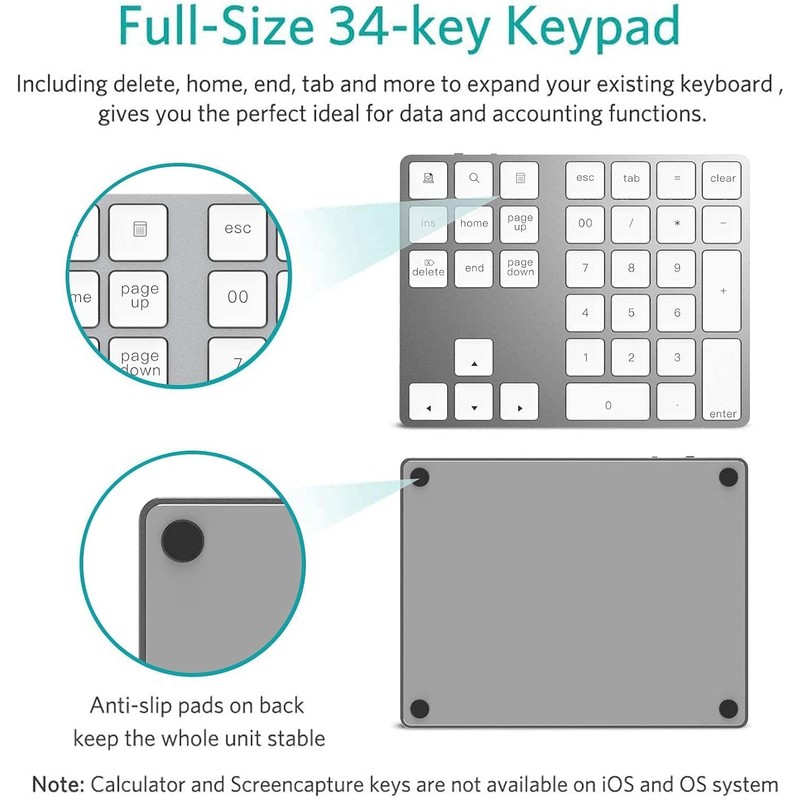 Teclado numérico Bluetooth recargable, de aluminio de 34 teclas, teclado