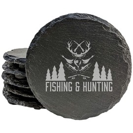 Hunting & Fishing Coasters: Rustic Slate, Laser Etched - Fish, Ducks, Deer - Round Slate - set of 6