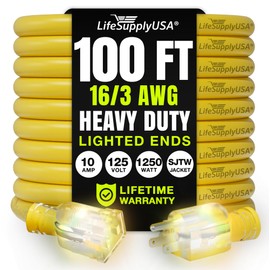 100ft Outdoor/Indoor Extension Cord 16/3 Gauge Heavy Duty 3 Prong SJTW, Waterproof, Flexible Cold-Resistant Long Power Cord,10A 125V 1250W, Yellow by LifeSupplyUSA