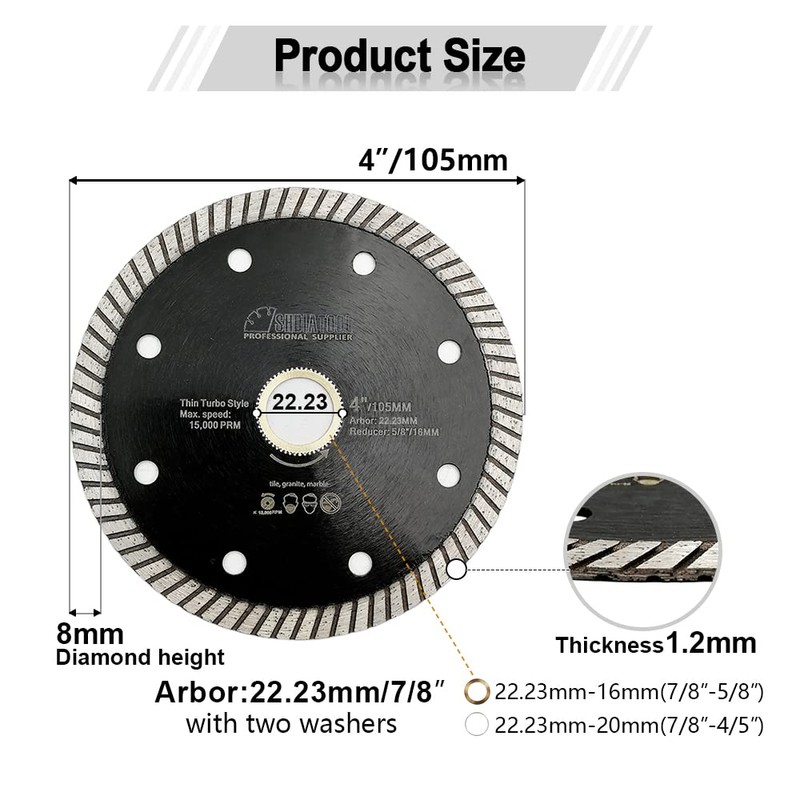 SHDIATOOL Super Thin Diamond Turbo Blade 5PCS 4 Inch Cutting
