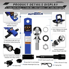 AUTMATCH Trailer Hitch Ball Mount with 2 Inch Hitch Ball - Fits 2" Receiver with Hitch Tightener, 8000Lbs Capacity Ball Hitch, 2-Inch Drop with 5/8" Hitch Lock Pin, Blue