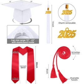 Syhood 4 Pieces 2025 Unisex Graduation Matte Gown Cap Tassel Stole Set Honor Cord for Graduation(Size 45,White,Red)