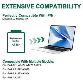 WoskjXas WoskjXas A1484 Tablet Akku Kompatibel mit iPad Air 1 A1474 A1475 A1476, iPad 5 A1822 A1823, iPad 6 A1893 A1954, iPad 7 A2197, MF532LL/A MD785LL/A MD786LL/A [3.73V/8827mAh]