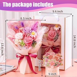 Preserved Flowers Bouquet Pink Natural Real Roses for Delivery Prime, Hand Made Bouquet with Pop Up Greeting Card, Gifts for Valentine’s Day, Mother’s Day, Anniversary, Birthday, Christmas