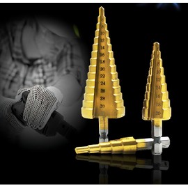 AMSAMOTION HSS Step Drill, 3-Piece Step Drill Set, Peeling Drill Set, Exact Taper Drill, 4 mm to 12/20/32 mm Titanium Coated Professional Metal Drill Bit Set for Metal, Wood, Plastic