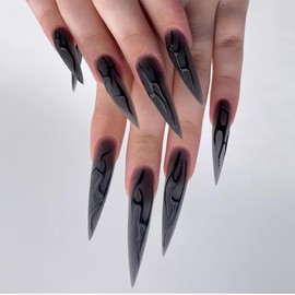 BABALAL Long Stiletto Press on Nails Black Fake Nails 24Pcs Acrylic Nails Goth Almond Manicure False Nails Y2K Glue on Artificial Nails