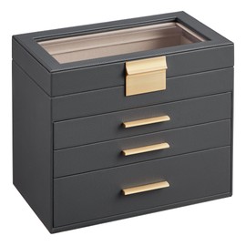 SONGMICS Jewelry Box Organizer with Glass Lid, 4-Layer Jewelry Storage, with 3 Drawers, Modern Style, 6 x 9.9 x 8.5 Inches, Interstellar Gray and Gold Color UJBC161C01