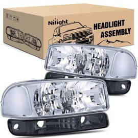 Nilight 1999-2006 GMC Sierra Yukon Headlight Assembly Chrome Case Clear Reflector Smoke