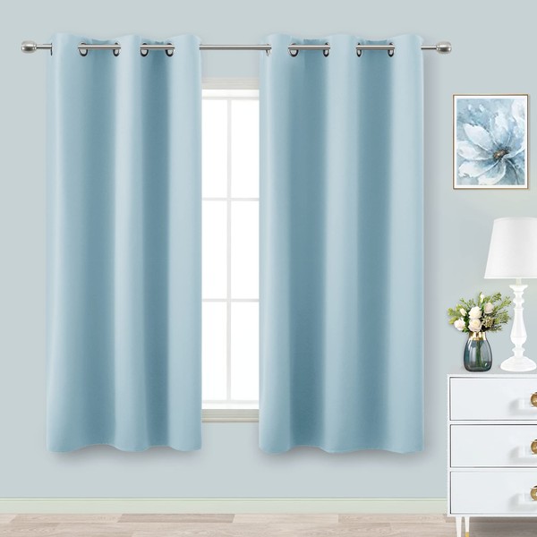 KOUFALL Light Blue Curtains for Kitchen Window 2 Pack Blackout Room Darkening Curtain Panels for Bathroom Bedroom Baby Nursery Boy 34 x 45 Inch Length