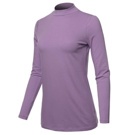 A2Y Basic Solid Soft Cotton Long Sleeve Mock Neck Top Shirts, Yawtel0002 Lilac Grey, Large