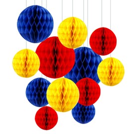 ZYOOO 12 Pieces Tissue Paper Honeycomb Balls, 15/25 cm Hanging Paper Honeycomb Balls for Party, Birthday, Graduation, Carnival Decoration (Blue, Red, Yellow)