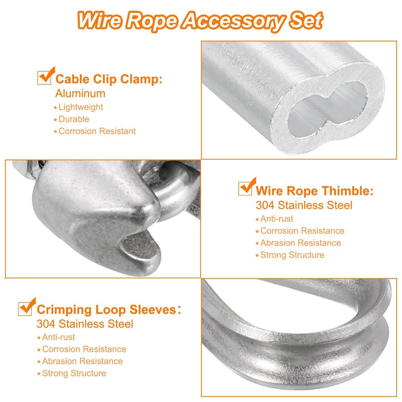 TOP-VIGOR M10 Wire Rope Accessory Set for 3/8" Dia Wire