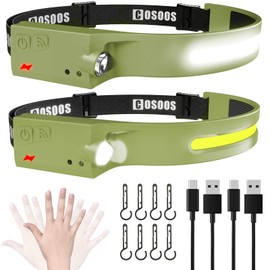 COSOOS 2 Rechargeable Headlamp Flashlight, Bright LED Head Lamp, 1000Lumen Floodlight & Spotlight, Motion Sensor,2.4oz Lightweight Headband Headlight for Hard Hat,Outdoor Hiking & Camping Accessories