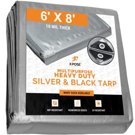 Heavy Duty Poly Tarp - 6' x 8' - 10 Mil Thick Waterproof, UV Blocking Protective Cover - Reversible Silver and Black - Laminated Coating - Grommets - by Xpose Safety