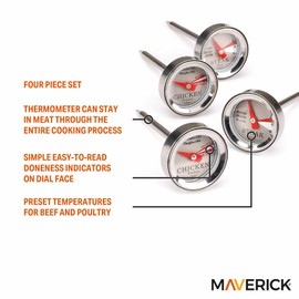Maverick Large Dial Meat Thermometer – Stainless Steel, 130°F–190°F Range, Easy-Read Dial, Oven Safe, Target Cooking Temps (4 Piece)