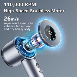 BAOANNY Hair Dryer, Negative Ionic Blow Dryer with 110,000 RPM Brushless Motor for Fast Drying, Professional High-Speed Hairdryer, Low Noise with LED Light Temp Display for Home, Travel,Salon