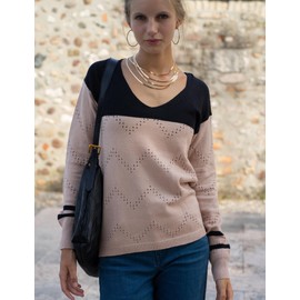 Zeagoo Womens Long Sleeve Tops Fall Casual V Neck Knit Color Block Sweaters Light Spring Outfits 2025 Black Apricot L