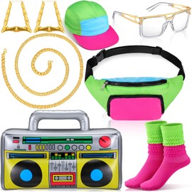 Newcotte 7 Pcs Hip Hop Costumes for Women 80s 90s Outfits Accessories Set Gold Chain Earring Glasses Fanny Pack Hat Socks Inflatable Radio Rapper Accessories Rapper Rocker Disco for 1980s Party
