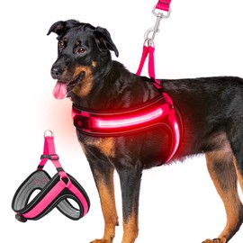 Dog Harness,Dog Lighted Harness,No Escape Dog Harness with Durable Buckle,No Chocking,Adjustable Reflective Breathable Harness with Double Traction D-Ring-Glow Red