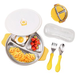 HAINLOGWANG Stainless Steel Plate Baby, Children's Plate with Suction Cup, Dinner Trays with Spoon and Fork, Non-Slip Baby Tray with Three Compartments and Lid for Healthy Baby Meals