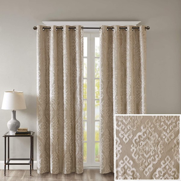 Sun Smart Mirage 100% Total Blackout Single Window Curtain, Knitted Jacquard Damask Room Darkening Curtain Panel with Grommet Top 50 x 84 in, Champange