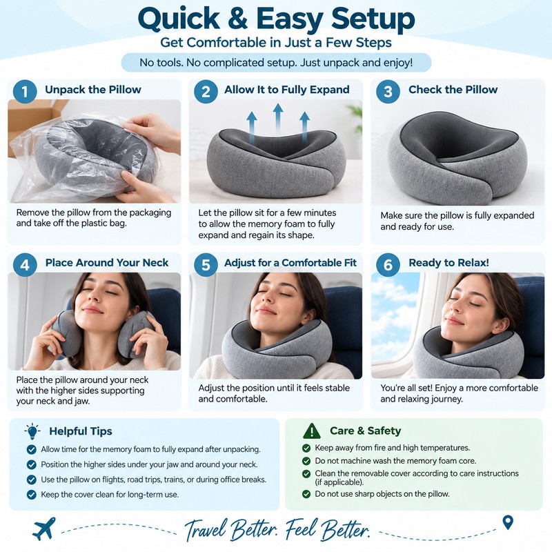 Memory Foam Travel Neck Pillow for Seated Rest – U-Shaped