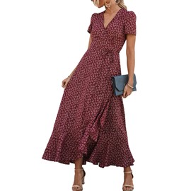 PRETTYGARDEN Women's Summer Wrap Maxi Dress Casual Boho Floral V Neck Short Sleeve Ruffle Hem Split Beach Long Dresses (Red,Large)