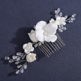 Lenjicons White Flower Rhinestone Beads Hair Comb Rhinestone Faux Pearls Handmade Headpiece Silver Wedding Headband Elegant Flower Hair Comb for Wedding Women