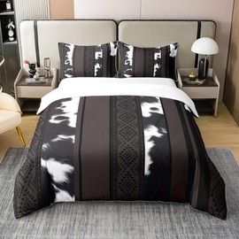 Manfei Cowhide Print 100% Nature Cotton Duvet Cover King Size,Farmhouse Animals Cow Skin Print Super Soft Bedding Set,Tribal Geometric Stripes Comforter Cover Bedding 3 Piece (No Comforter)