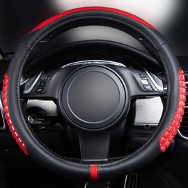 Flying Banner car Steering Wheel Cover Gel Massage Velvet Cool Warm Universal Size 15 inches SUV Truck Anti Slip Odorless Summer Winter (Black Red, Gel Massage)