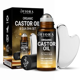 Fiora Naturals Roll-on de aceite de ricino orgánico y herramienta facial Gua Sha de acero inoxidable: herramienta de metal para esculpir el rostro, se