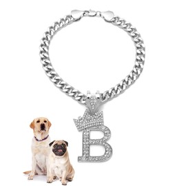 Icemond Rhinestone Studded Initial Pendant 18" Cuban Chain Fashion Costume Jewelry Necklace for Dogs Cats in Gold Rhodium Tone (Rhodium - B)