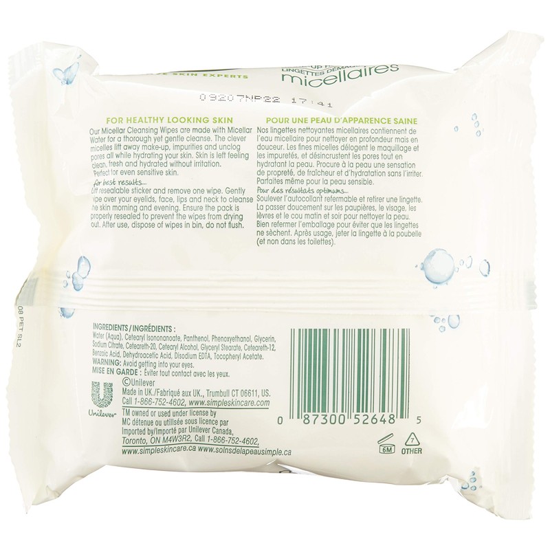 Simple Facial Wipes Micellar, 25 Count (Pack of 6)