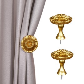 SUQ I OME Set of 2 Blossom Window Drapery Medallion Holdbacks,Curtain Tiebacks, Wall Hook, Tassel Holder (Golden)