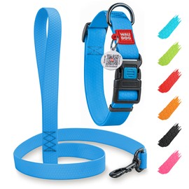 WAUDOG Waterproof Dog Collar and Leash 6Ft Set - Adjustable Collar for Large Dogs, Small and Medium Breeds - Breakaway Waterproof with Plastic Buckle and QR Dog Tag - Boy & Girl