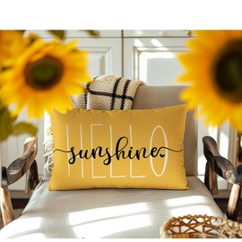 RABUSOFA Hello Sunshine Pillow Cover Farmhouse Yellow Lumbar Pillow Cover,Spring Summer Decorations Cushion Case for Couch Polyester Linen 12x20 Inches