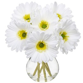 Briful Gerbera Daisy Artificial Flowers, Fake Daisy Flowers in Glass Vase with Faux Water,Real Touch Silk Faux Flowers with Stems for Home Bookshelf Tabletop Bathroom Decorations,White