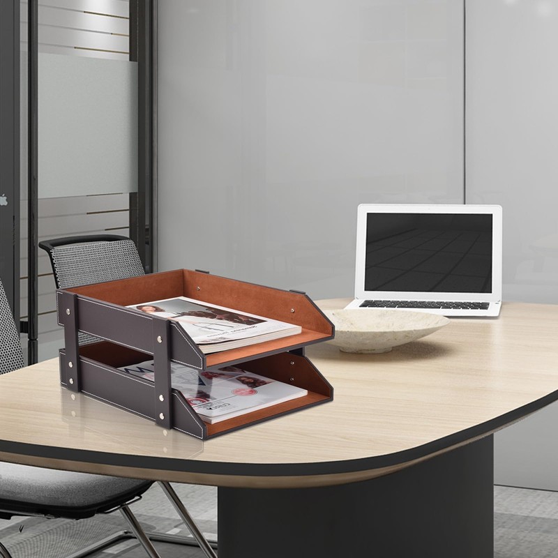 XNONE Leather Desk Organizer,2-Tier Stackable Letter Tray Holder,Office Supplies Desktop