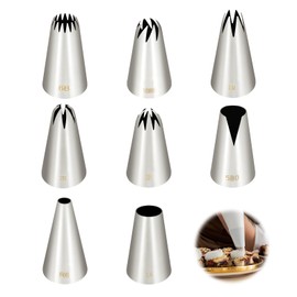 Set of 8 piping nozzles, large set made of stainless steel, professional nozzle set with numbers, piping nozzles for piping bags, cupcakes, cakes, churros, muffins (1A/1M/2D/2F/580/R6/108E/6B)