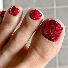 Red Press on Toenails Square Fake Toe Nails with Designs Glitter False Toe Nails Press ons Glossy Full Cover Cute Acrylic Glue on Toenails Artificial Stick on Toe Nails for Women Manicure 24Pcs