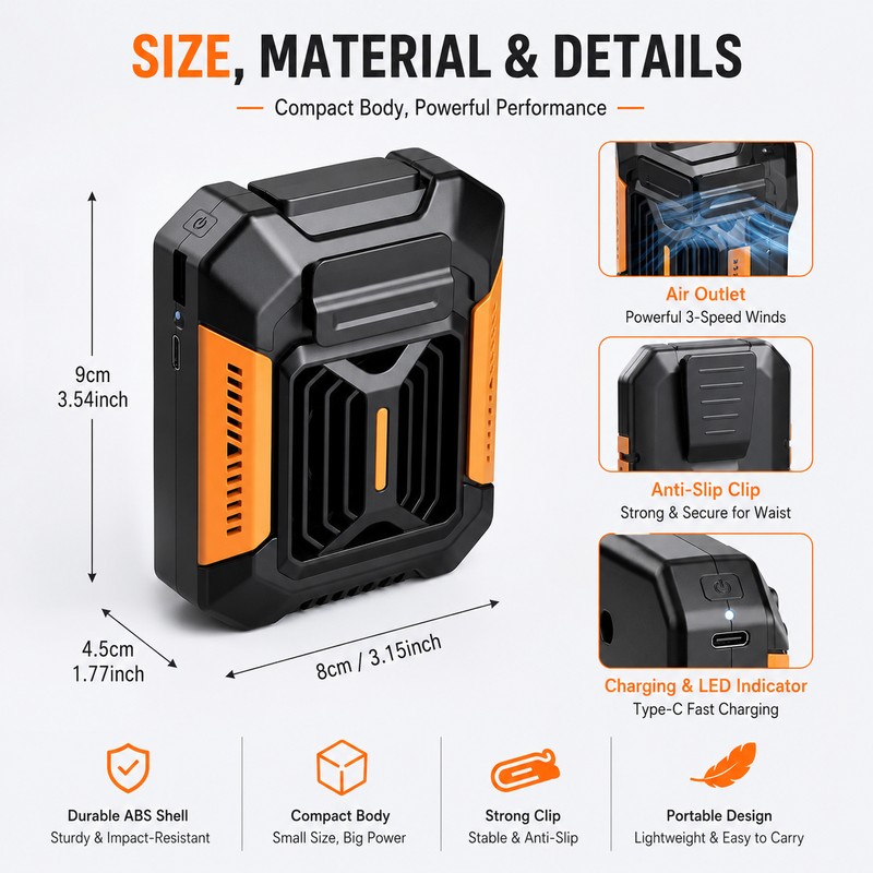 Portable Waist Fan for Outdoor Work – Rechargeable 3-Speed Belt