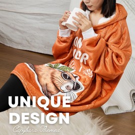Huglanket Capybara Gifts for Women Men Capybara Lovers, One Size Wearable Blanket Hoodie, Super Soft Warm Cozy with 2 Pockets for Christmas, Birthday - Orange Be Capy