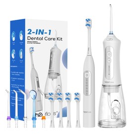 H2ofloss Sonic Electric Toothbrush and Water Flosser Combo, Rechargeable 2000mAh Toothbrush and 2500mAh Oral Irrigator with 300ml Tank, 4 Brush Heads, 5 Nozzles, 2 in 1 for Home and Travel (White)
