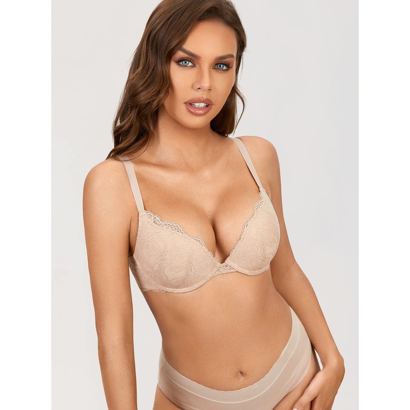 DOBREVA Women's Push-Up Bra with Lace, Padded, Plunge Underwire, Full