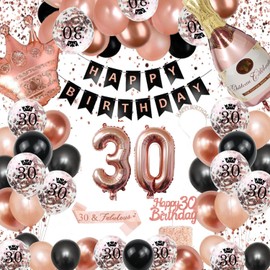 30th Birthday Decorations for Her, Rose Gold & Black Birthday Decorations for Women - Happy Birthday Banner, Fringe Curtain, Thirty Birthday Balloons Arch Kit, Rose Gold & Black 30th Birthday Supplies